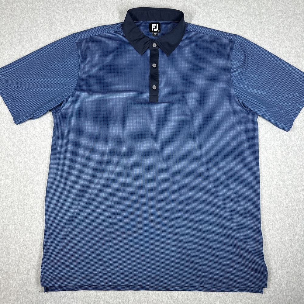 Footjoy FJ Men's Golf Polo Blue Black Check Pattern Two Tone Collar XL Stretch